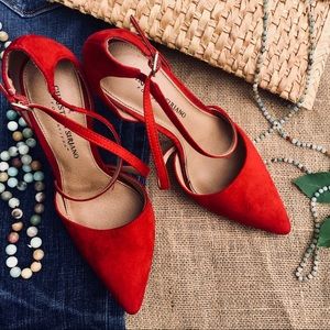 Red Cross Strap Heels by “Christian Siriano”
